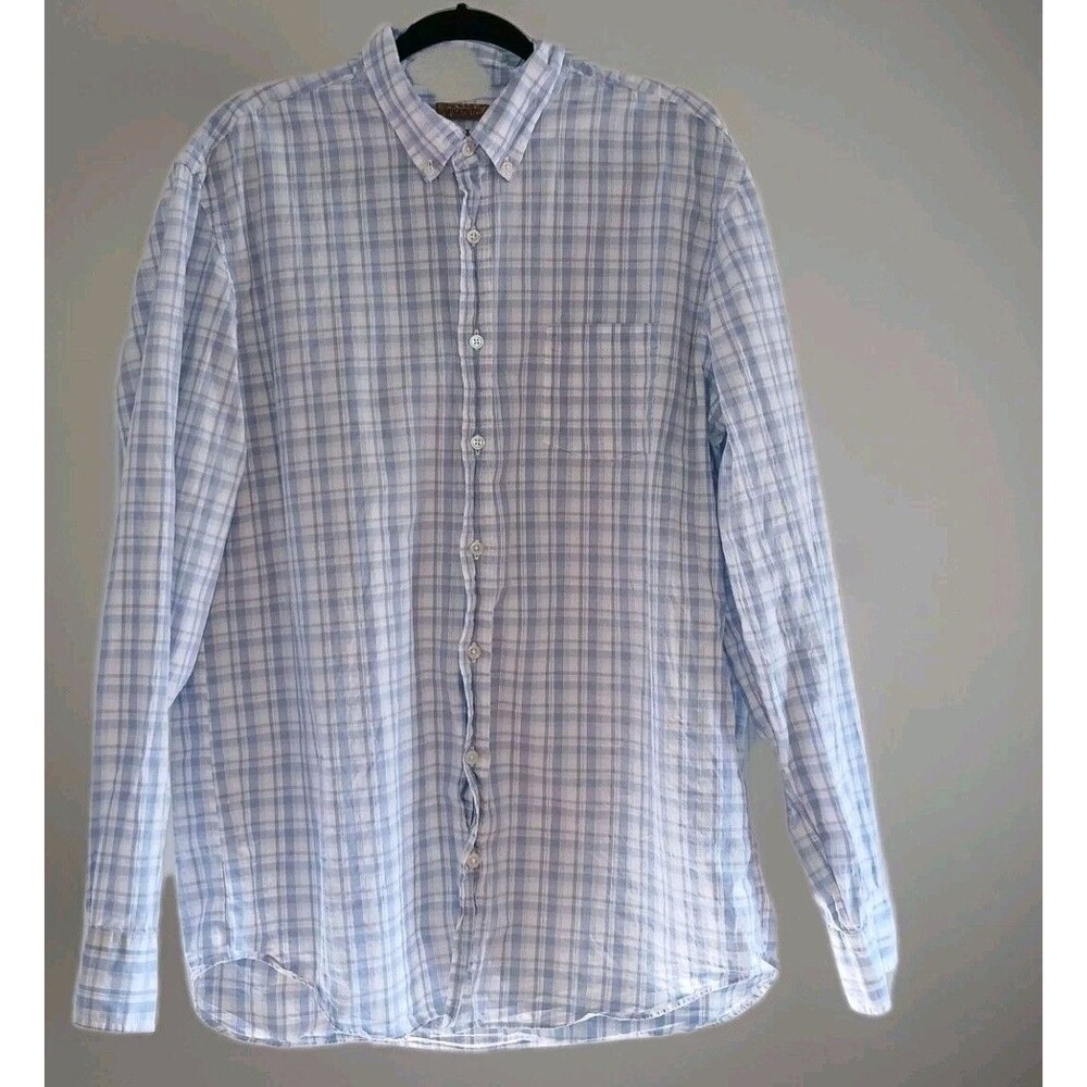 Pronto Uomo Mens Blue/White Plaid Shirt 2XL 100% Cotton Long Sleeve Button-Down